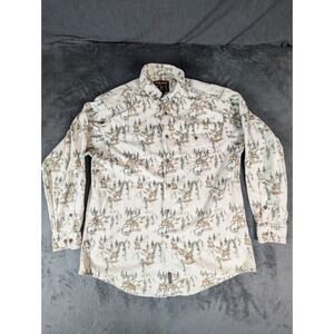 Woolrich Wolf Print Heavy Cream Green Brown Long Sleeve Button Down Shirt Men XL